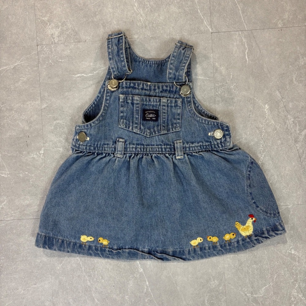Vintage OshKosh Bgosh Denim Overall Dress Chicken Embroidery Blue 12M